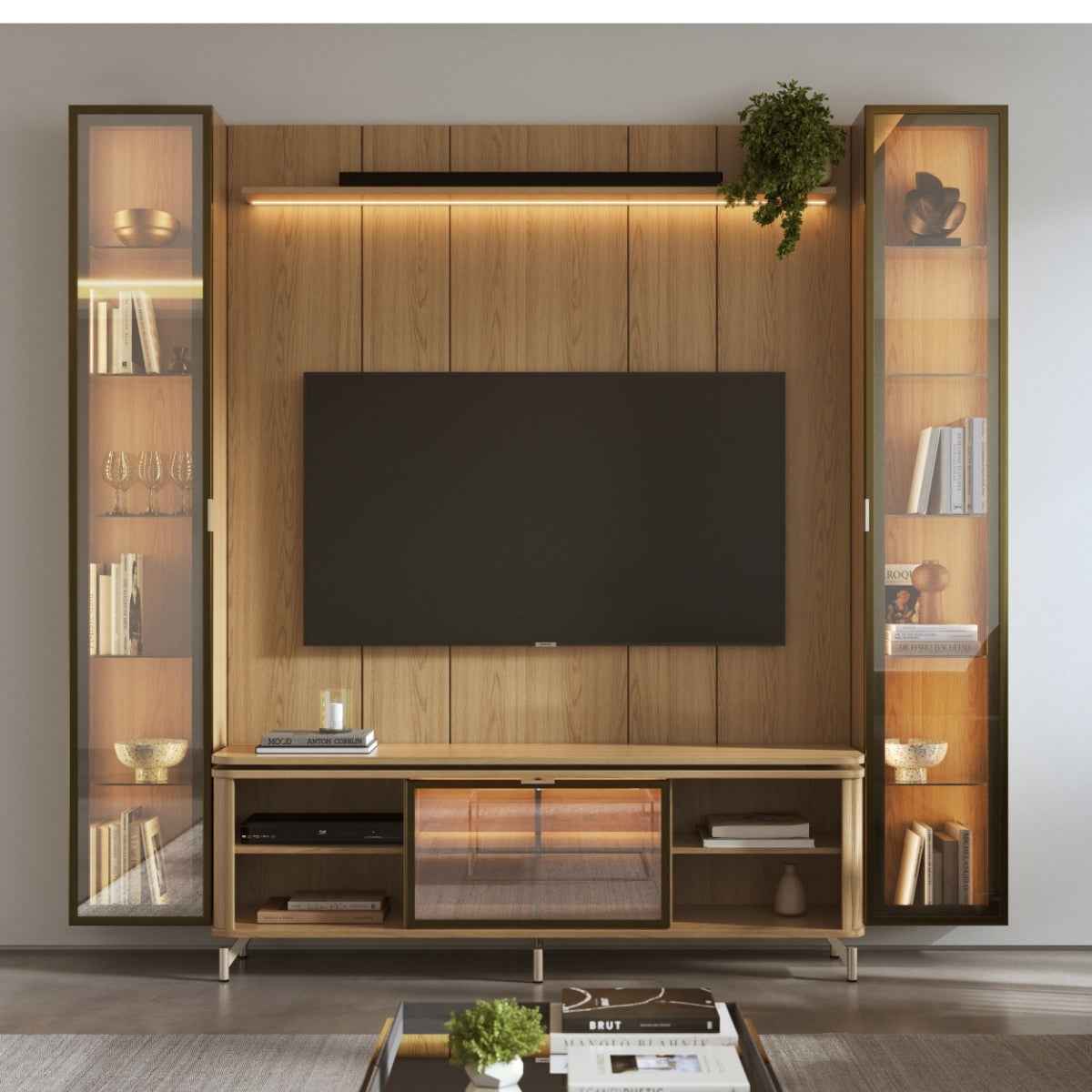Estante para TV até 75 Polegadas com 2 Cristaleiras Vidro Reflecta 100% MDF com Led Lincoln Float 254cm