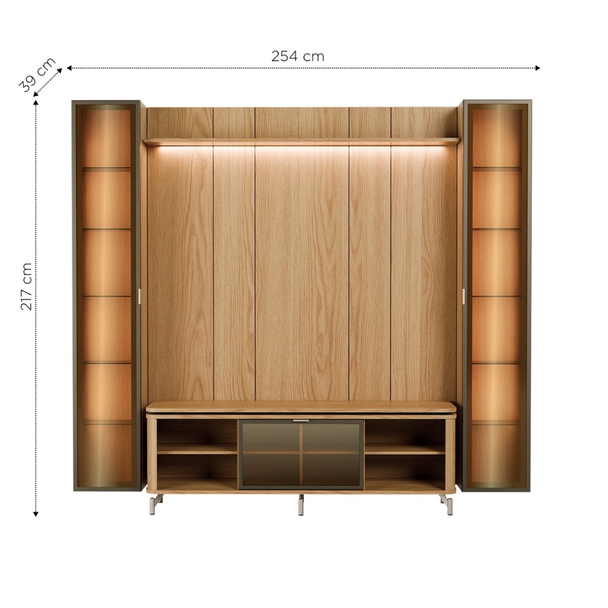 Estante para TV até 75 Polegadas com 2 Cristaleiras Vidro Reflecta 100% MDF com Led Lincoln Float 254cm