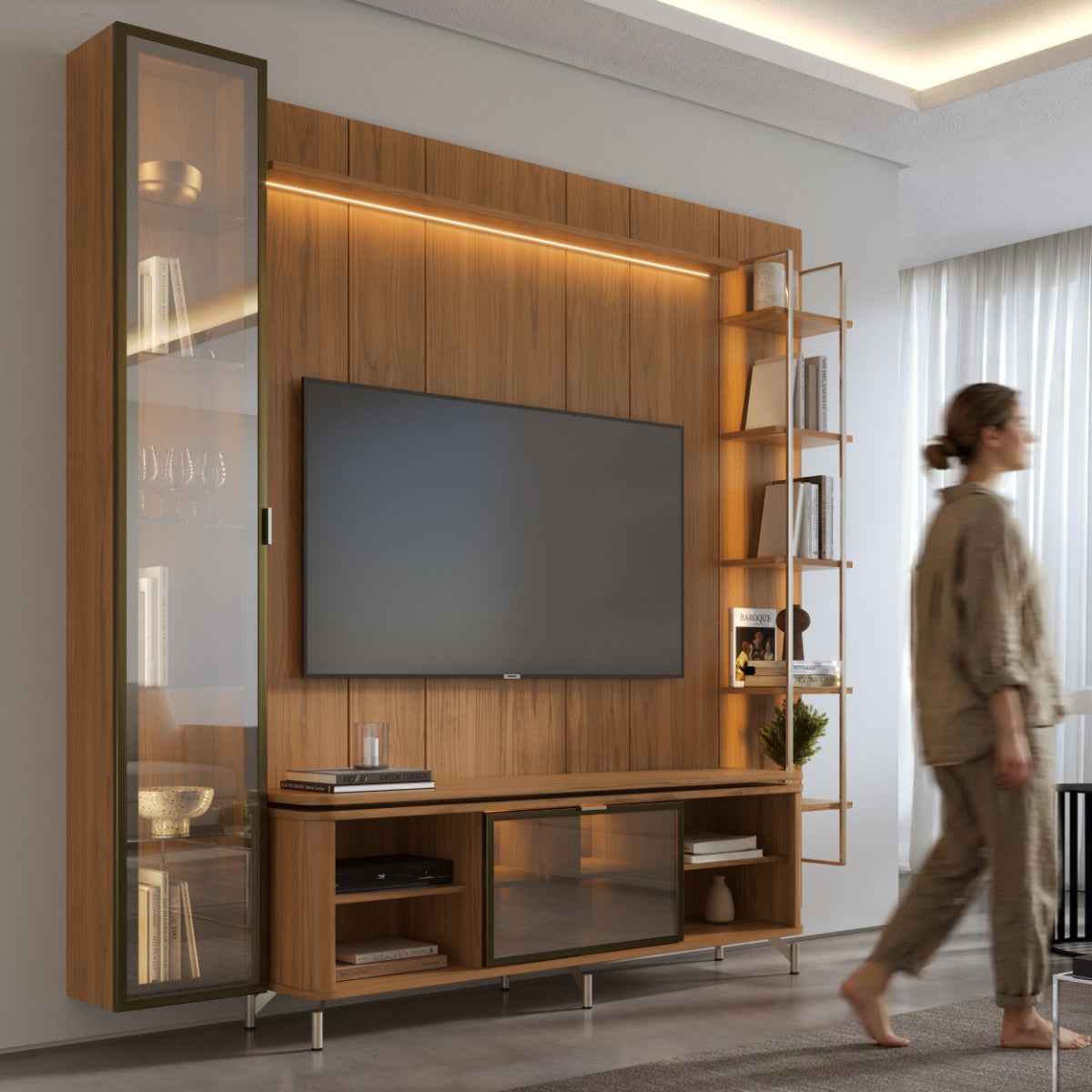 Estante para TV até 75 Polegadas com Prateleiras e Cristaleira Vidro Reflecta 100% MDF com Led Lincoln Float 254cm