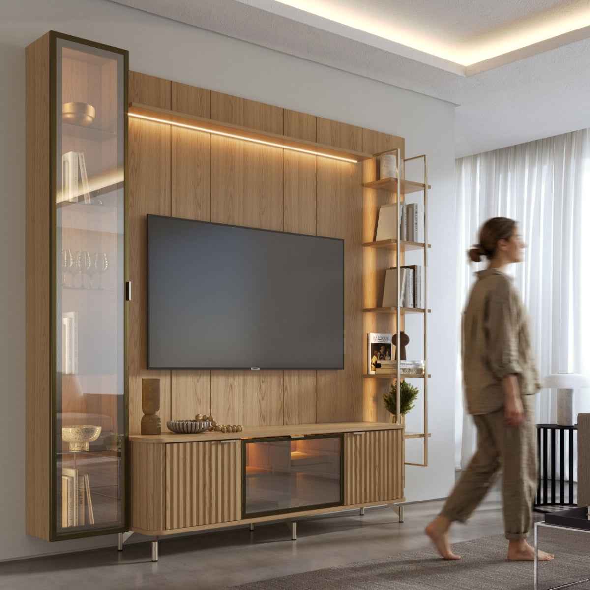Estante para TV até 75 Polegadas com Prateleiras e Cristaleira Vidro Reflecta 100% MDF com Led Neon Float 254cm