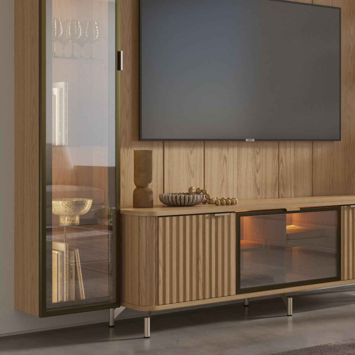 Estante para TV até 75 Polegadas com Prateleiras e Cristaleira Vidro Reflecta 100% MDF com Led Neon Float 254cm