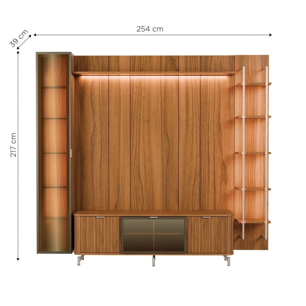 Estante para TV até 75 Polegadas com Prateleiras e Cristaleira Vidro Reflecta 100% MDF com Led Neon Float 254cm