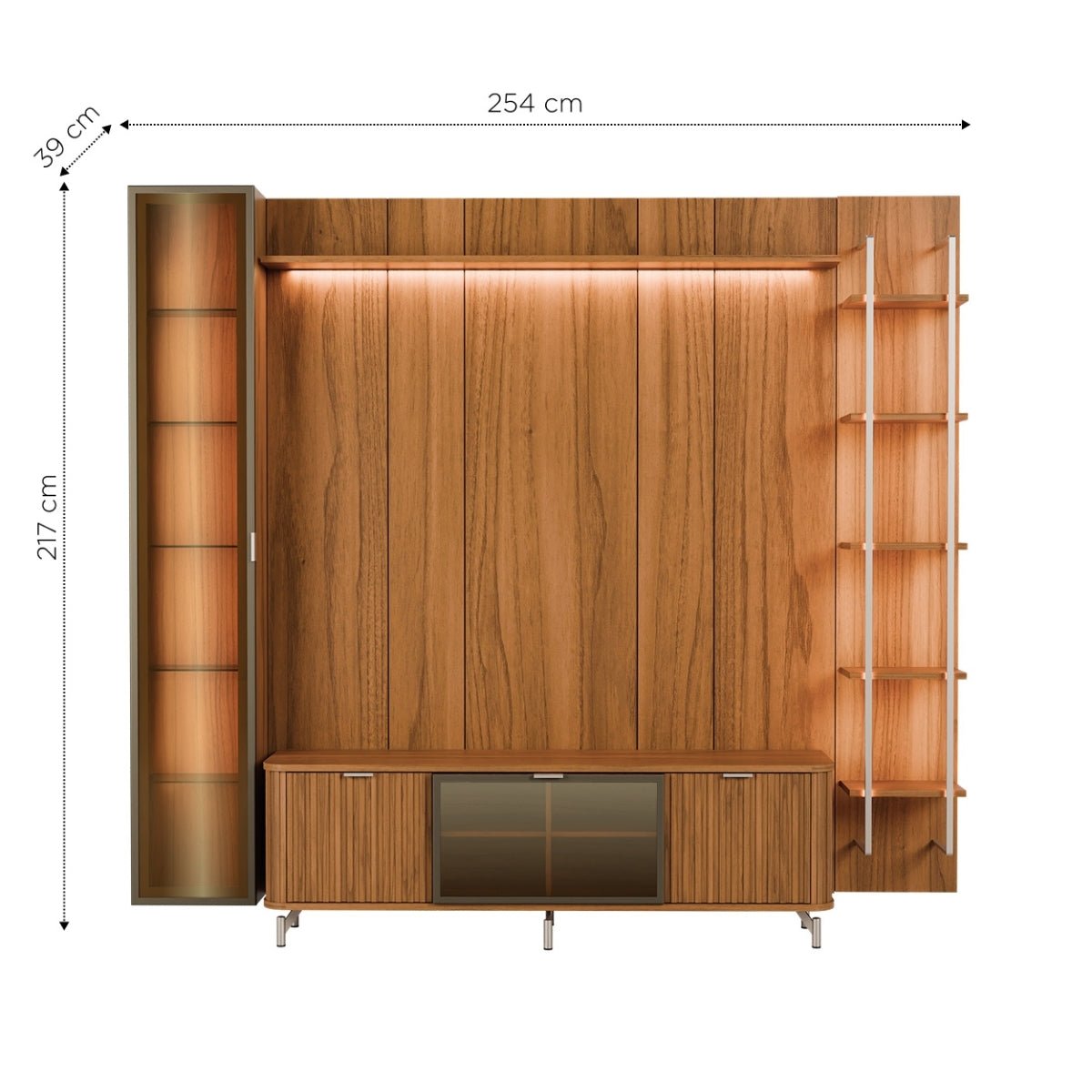 Estante para TV até 75 Polegadas com Prateleiras e Cristaleira Vidro Reflecta 100% MDF com Led Neon Float 254cm