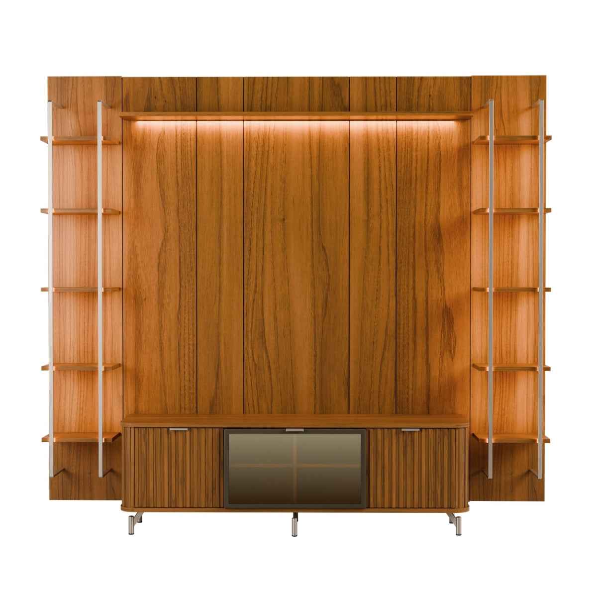 Estante para TV até 75 Polegadas Vidro Reflecta com Prateleiras 100% MDF com Led Neon Float 254cm