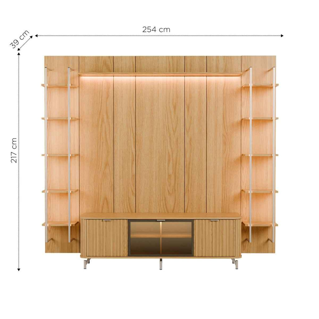 Estante para TV até 75 Polegadas Vidro Reflecta com Prateleiras 100% MDF com Led Neon Float 254cm