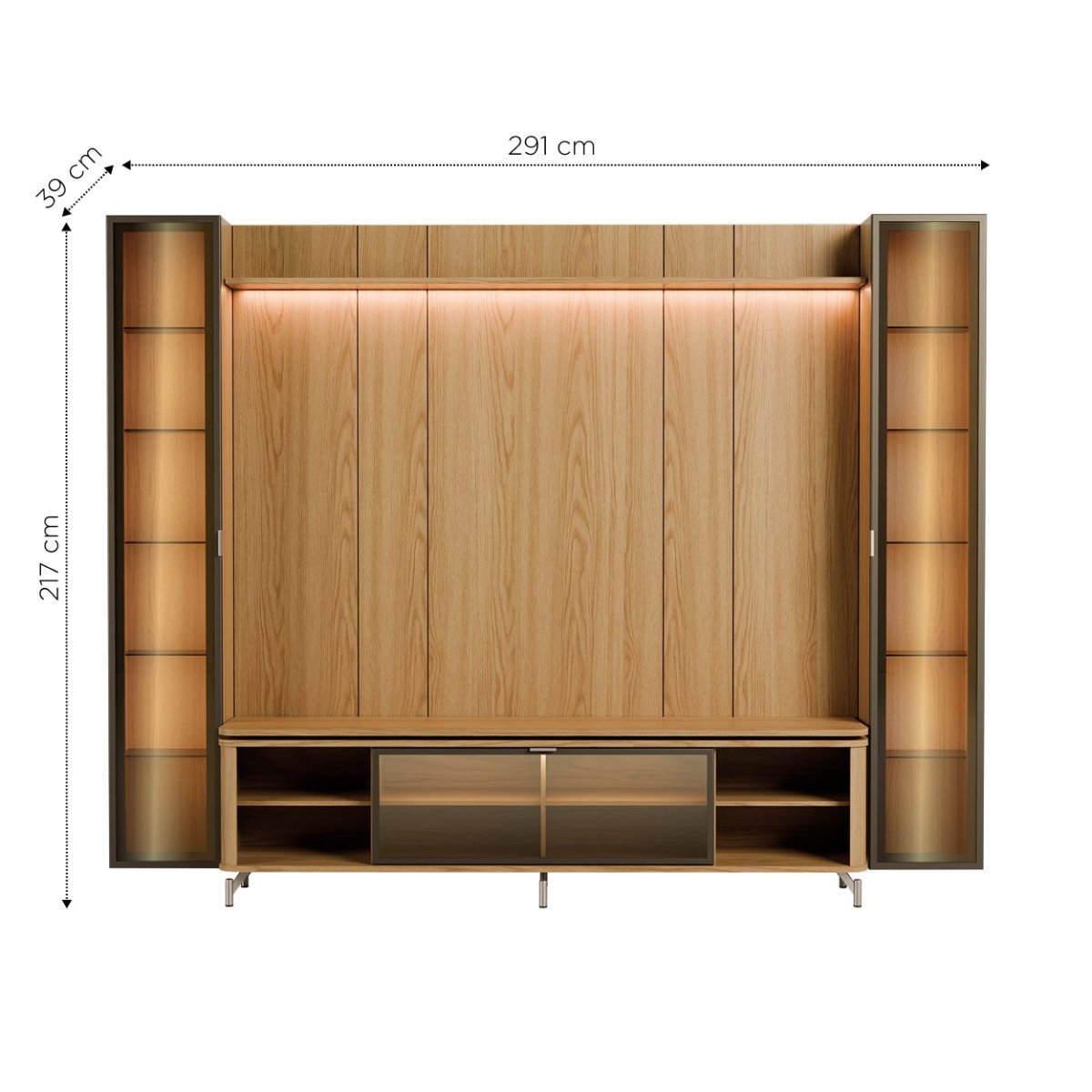 Estante para TV até 85 Polegadas com 2 Cristaleiras Vidro Reflecta 100% MDF com Led Lincoln Float 291cm
