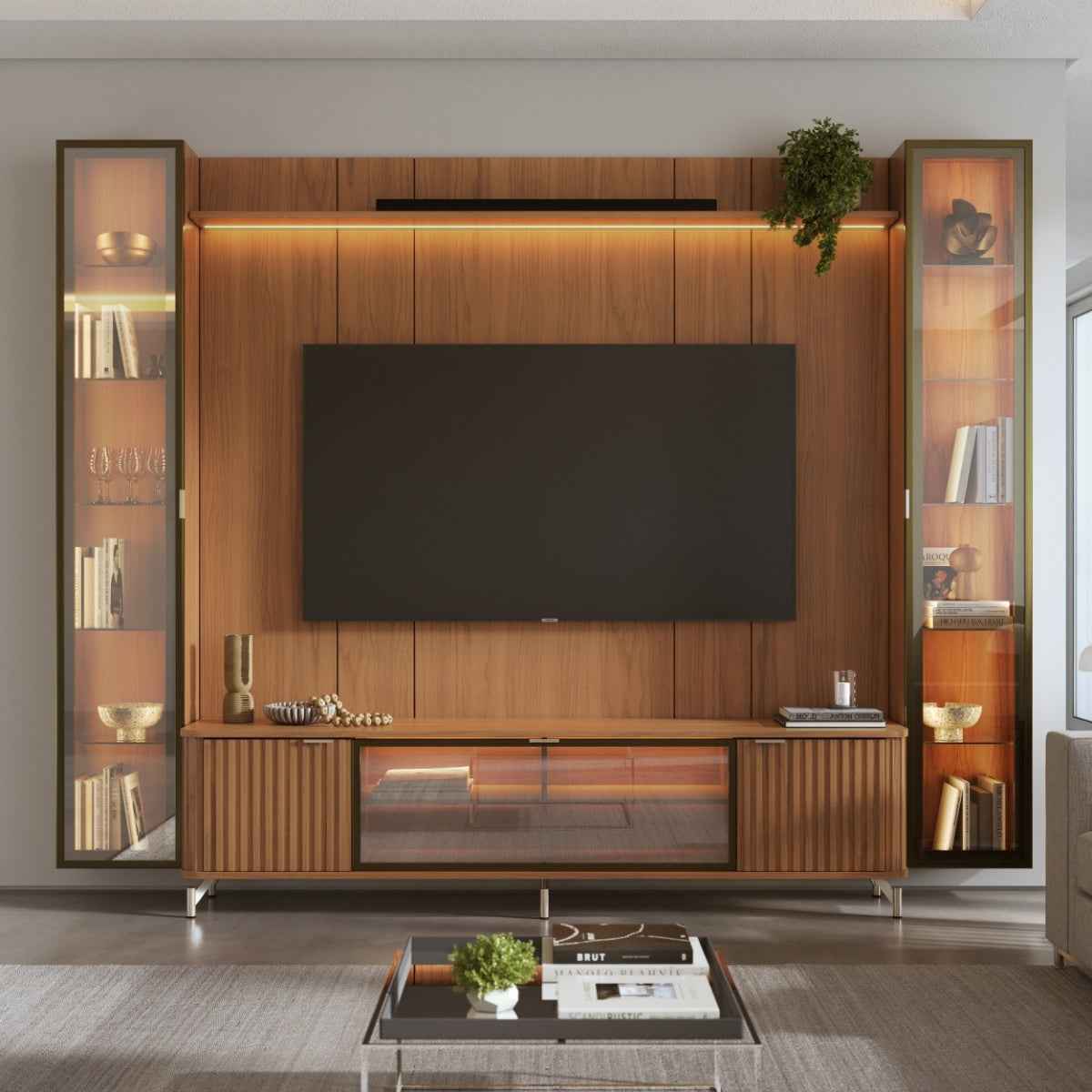 Estante para TV até 85 Polegadas com 2 Cristaleiras Vidro Reflecta 100% MDF com Led Neon Float 291cm
