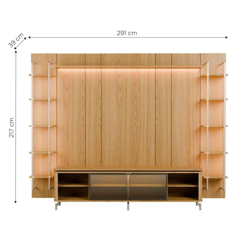 Estante para TV até 85 Polegadas Vidro Reflecta com Prateleiras 100% MDF com Led Lincoln Float 291cm