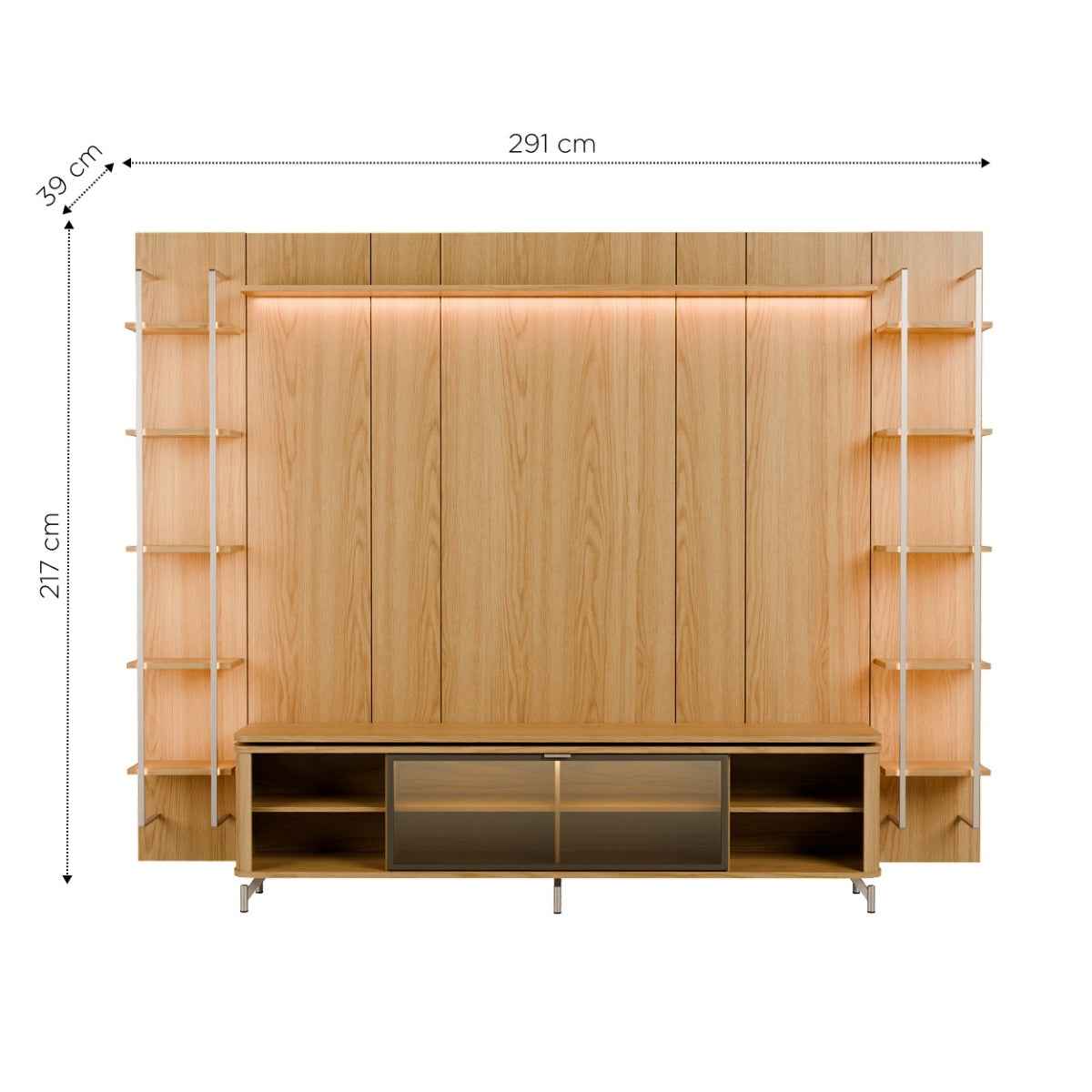 Estante para TV até 85 Polegadas Vidro Reflecta com Prateleiras 100% MDF com Led Lincoln Float 291cm