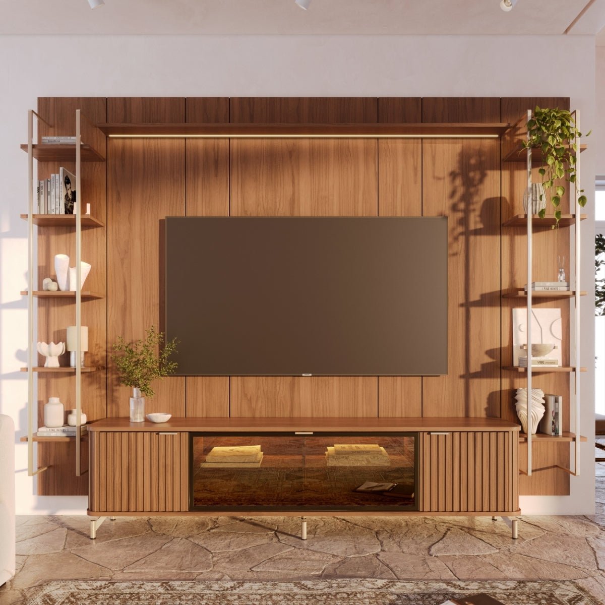 Estante para TV até 85 Polegadas Vidro Reflecta com Prateleiras 100% MDF com Led Neon Float 291cm