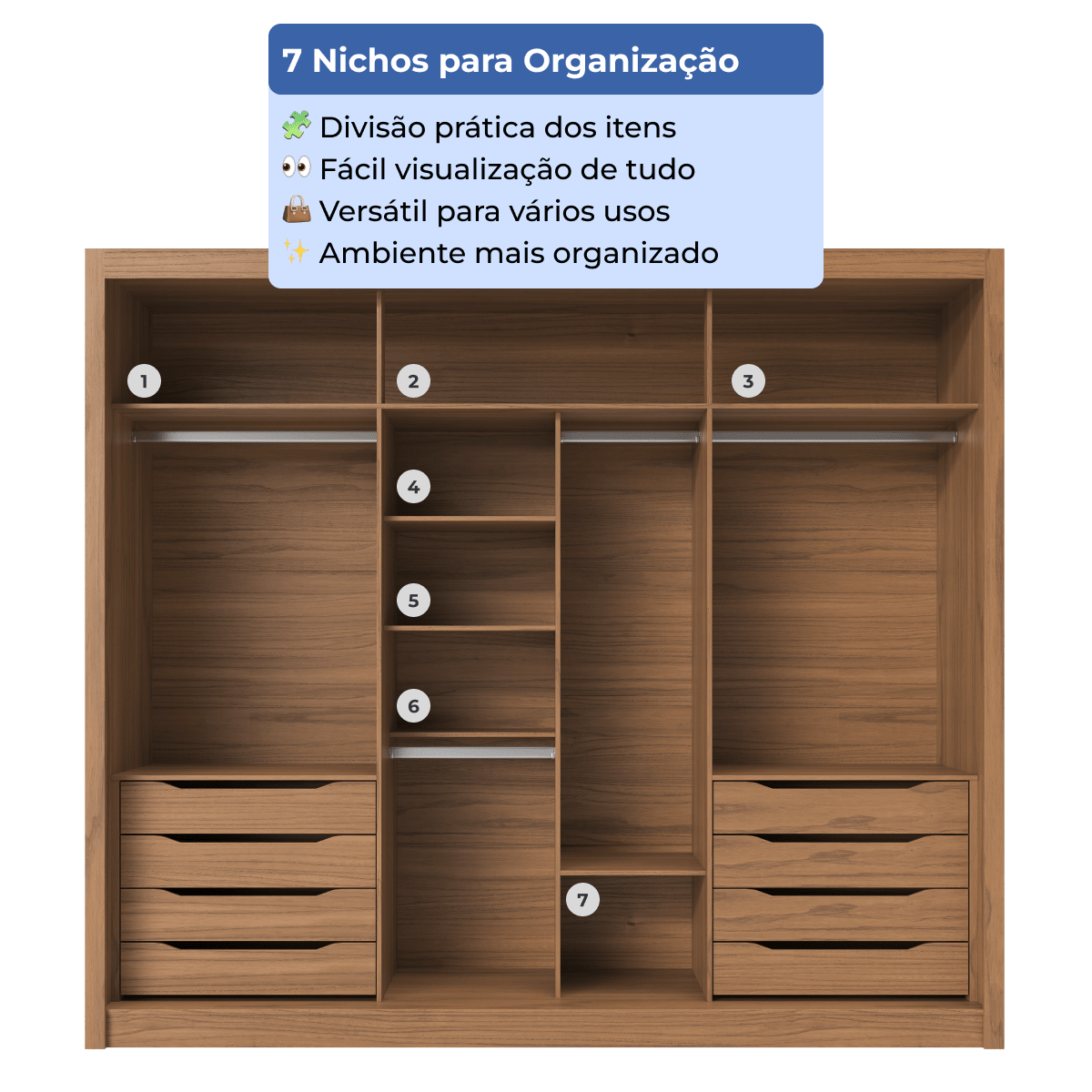 Guarda-Roupa Casal 3 Portas de Correr 8 Gavetas Montclair 275 cm Canella com Off-White Fosco