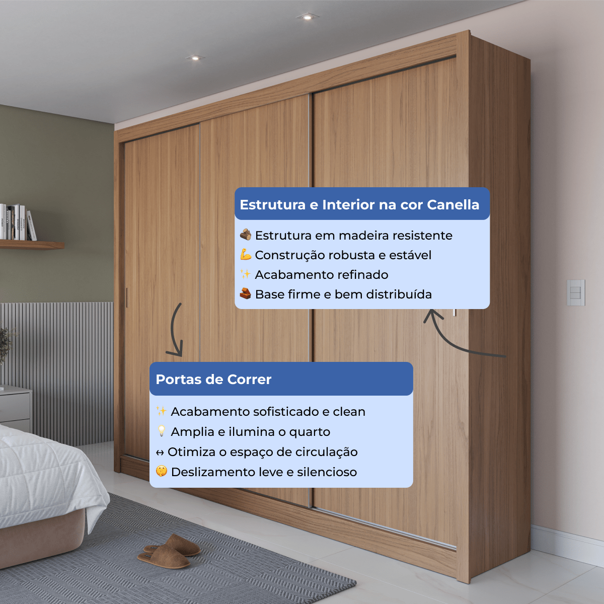 Guarda-Roupa Casal 3 Portas de Correr 8 Gavetas Montclair 275 cm Canella com Off-White Fosco