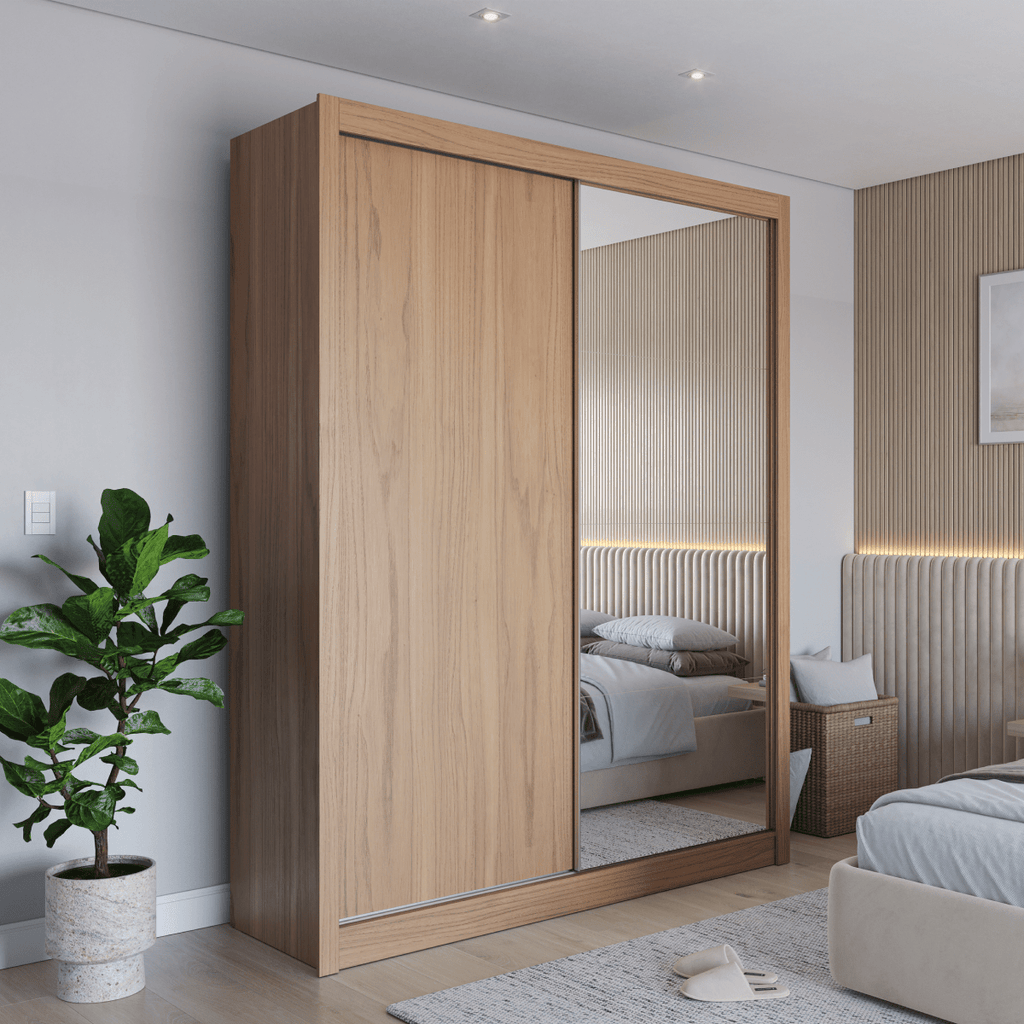Guarda-Roupa Casal com Espelho 2 Portas de Correr 4 Gavetas Montclair 186cm Canella com Off-White Fosco