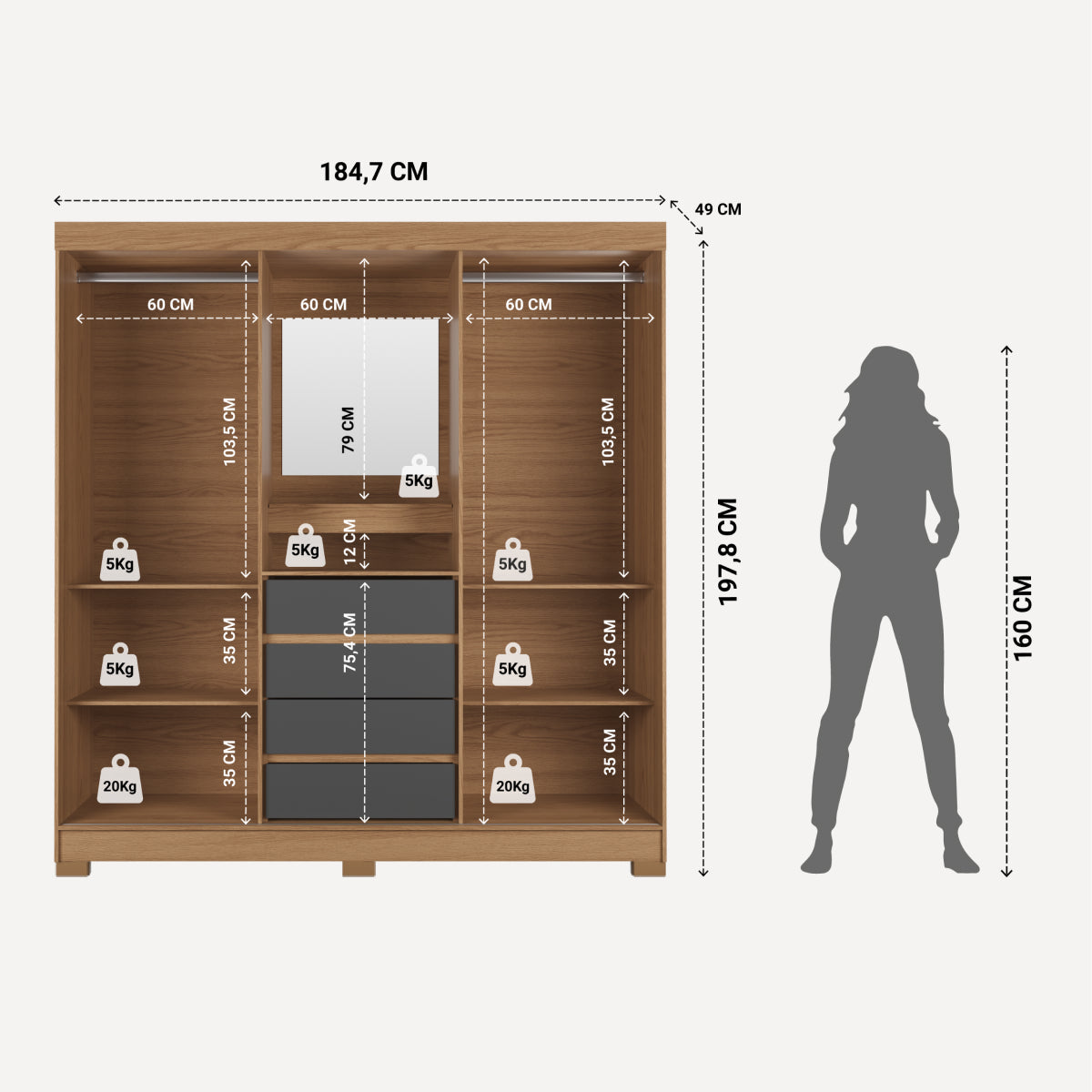 Guarda-Roupa Casal com Espelho 2 Portas de Correr 4 Gavetas Ítalo