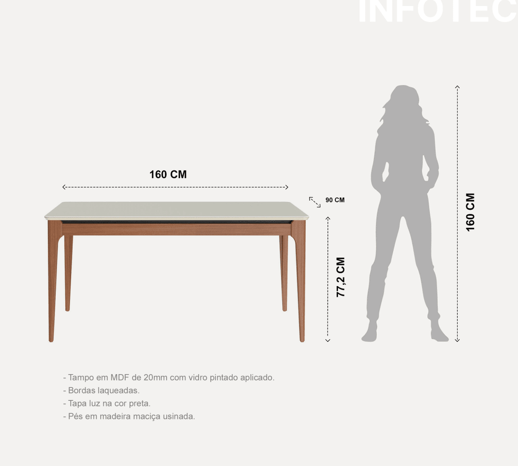 Mesa de Jantar Retangular com Vidro para 6 Lugares Addar 160 cm Natural com Off-White Fosco
