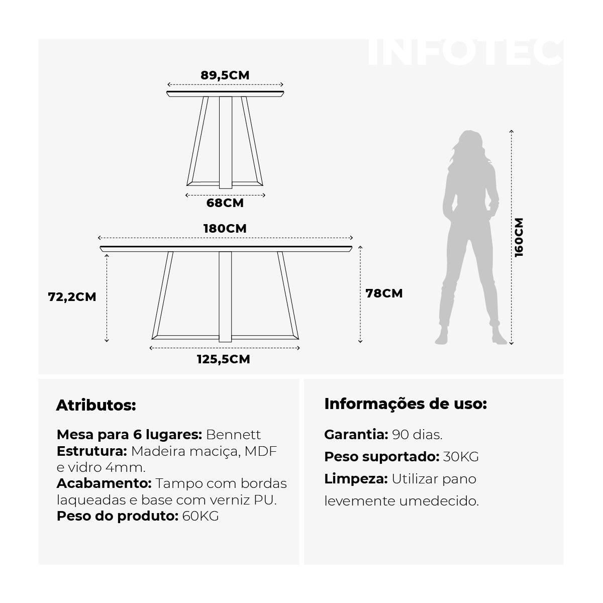Mesa de Jantar Retangular com Vidro para 6 Lugares Bennett 180cm Natural com Off-White Gloss