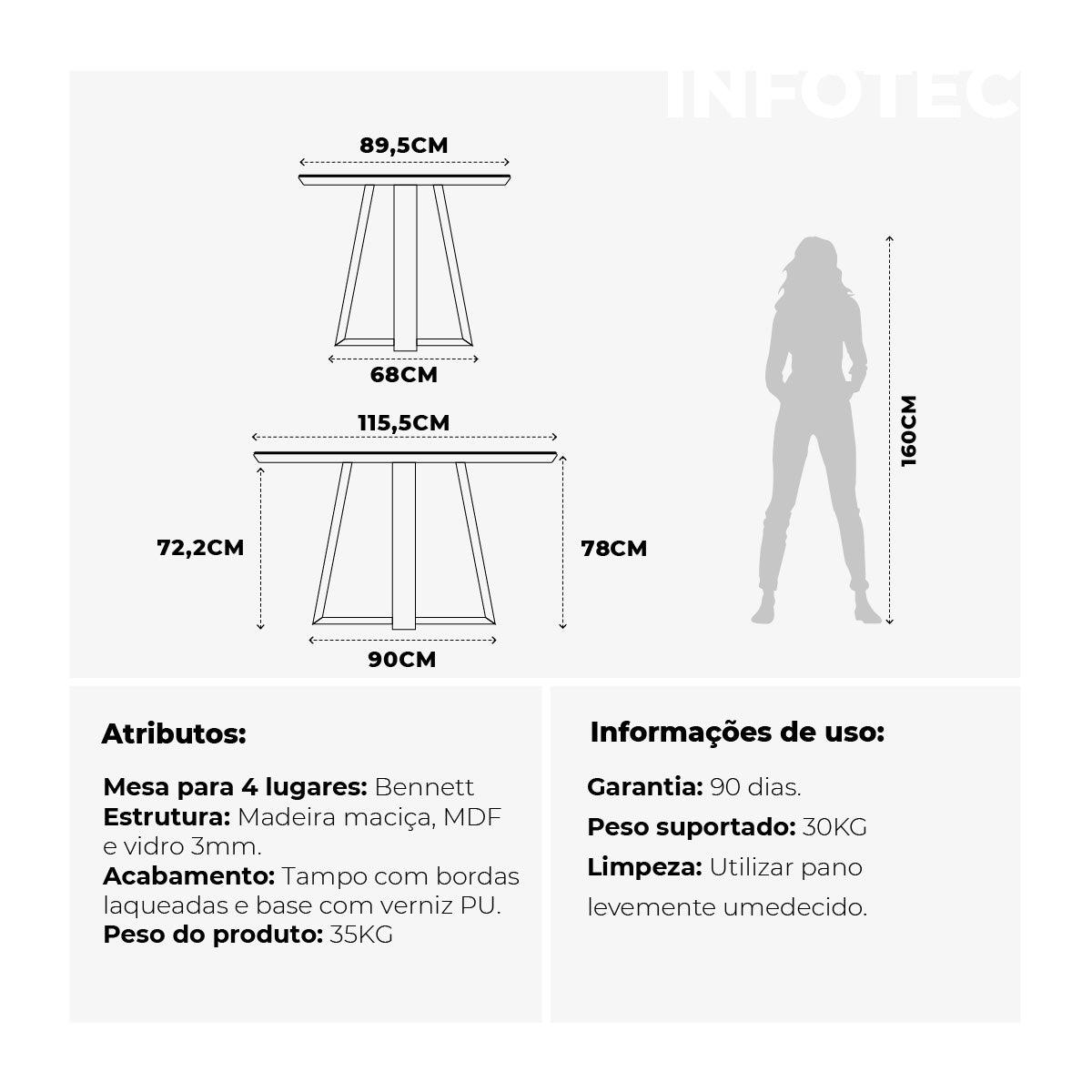 Mesa de Jantar Retangular com Vidro para 4 Lugares Bennett 115cm Natural com Off-White Gloss
