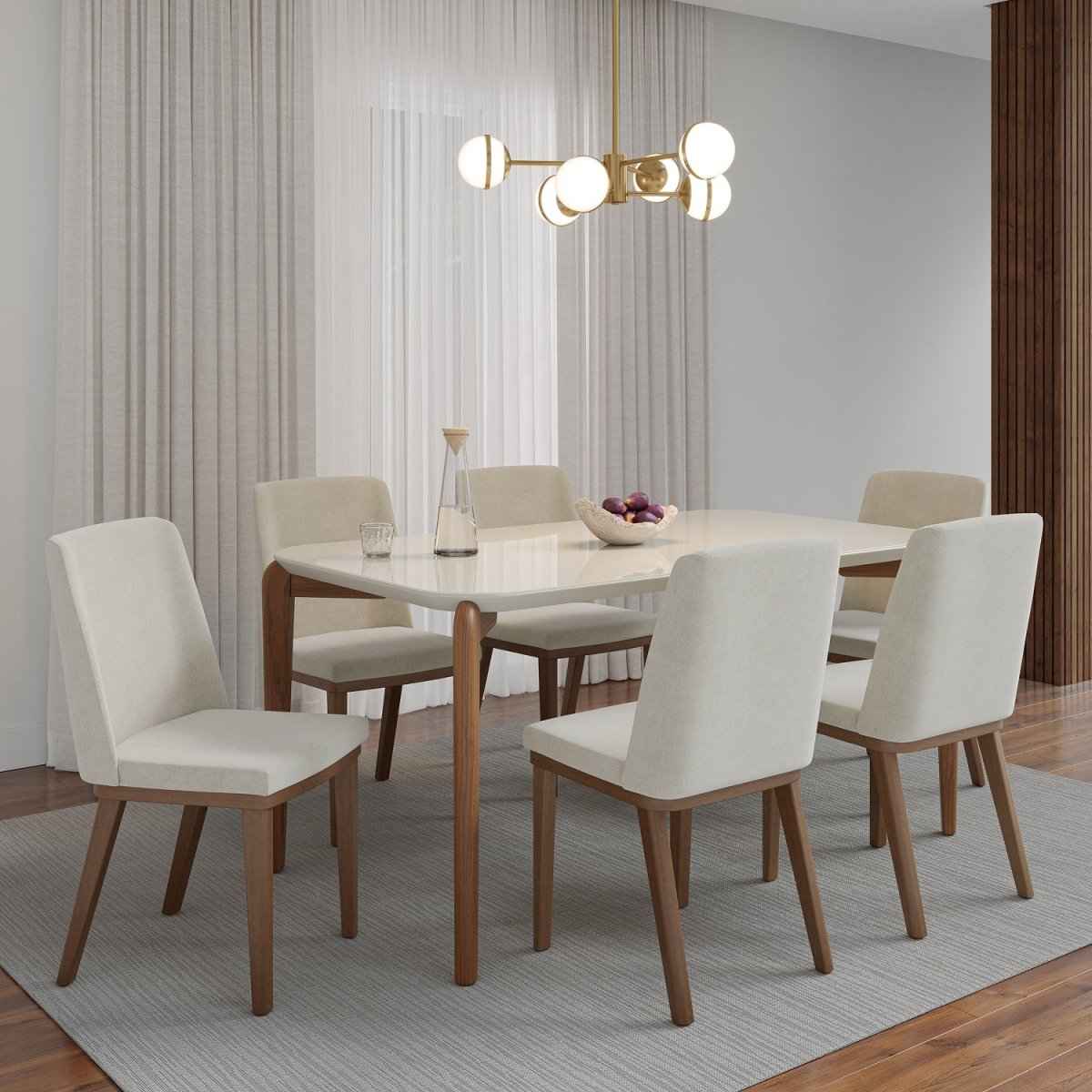 Mesa de Jantar Retangular com Vidro para 6 Lugares Donatella 160cm Off-White Fosco com Natural
