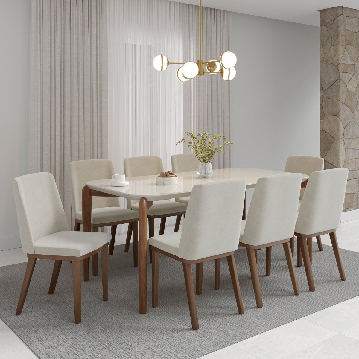 Mesa de Jantar Retangular com Vidro para 6 Lugares Donatella 180cm Off-White Fosco com Natural