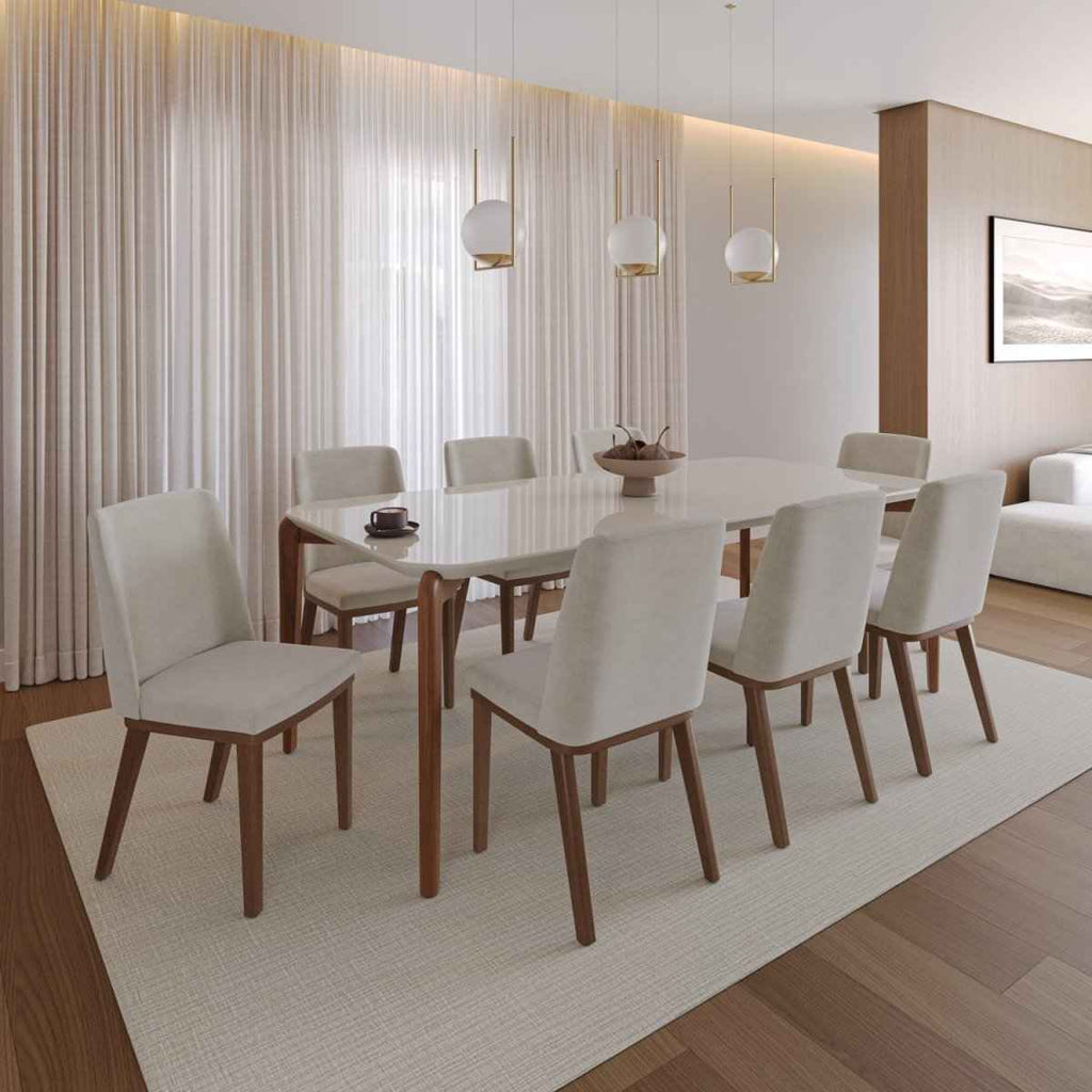 Mesa de Jantar Retangular com Vidro para 8 Lugares Donatella 220cm Off-White Fosco com Natural