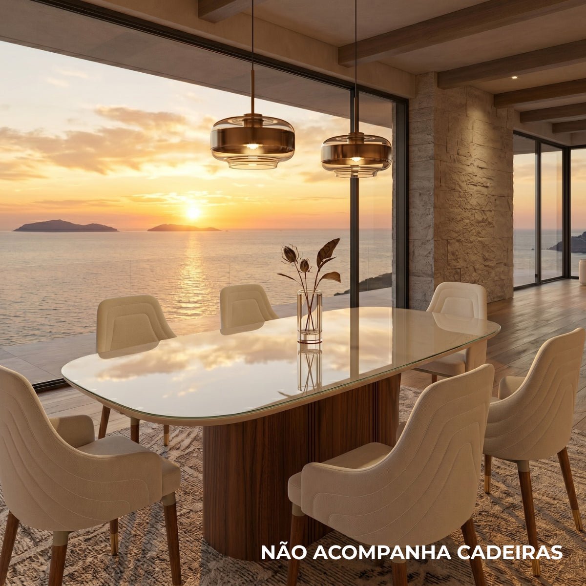 Mesa de Jantar Retangular com Vidro para 6 Lugares Kalina 184cm Off-White Fosco com Canella