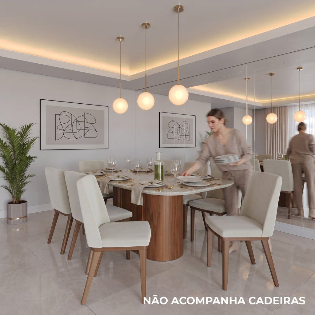 Mesa de Jantar Retangular com Vidro para 6 Lugares Kalina 184cm Off-White Fosco com Canella