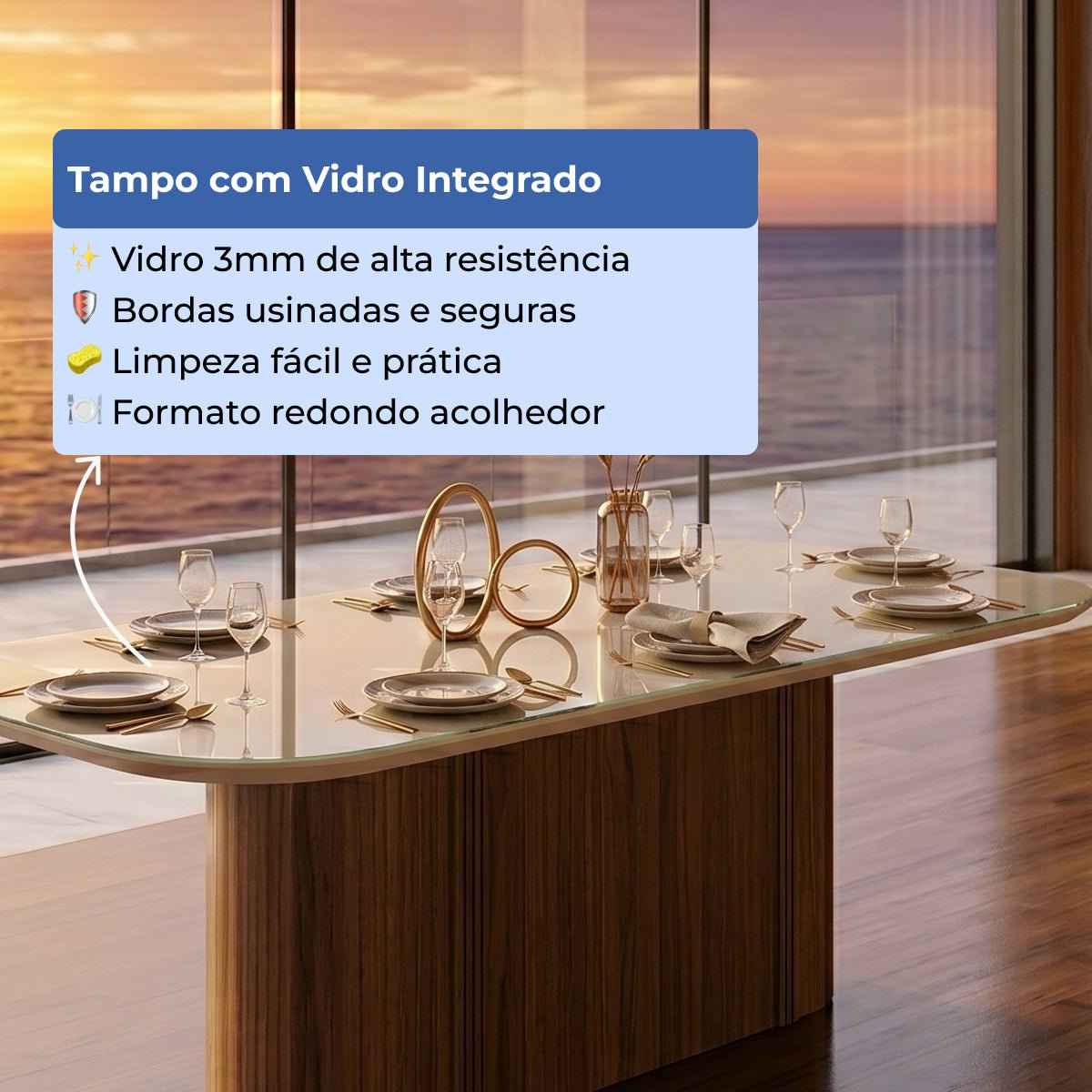 Mesa de Jantar Retangular com Vidro para 8 Lugares Kalina 220cm Off-White Fosco com Canella