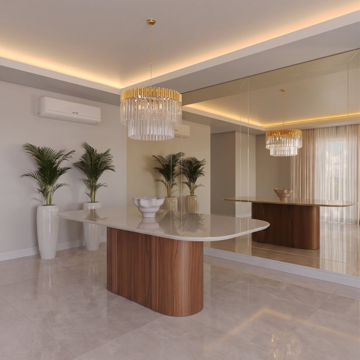 Mesa de Jantar Retangular com Vidro para 8 Lugares Kalina 220cm Off-White Fosco com Canella