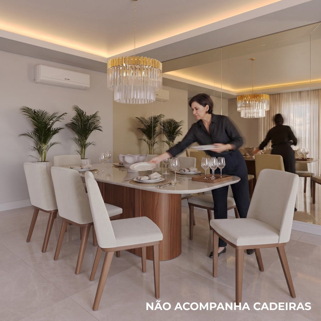 Mesa de Jantar Retangular com Vidro para 8 Lugares Kalina 220cm Off-White Fosco com Canella