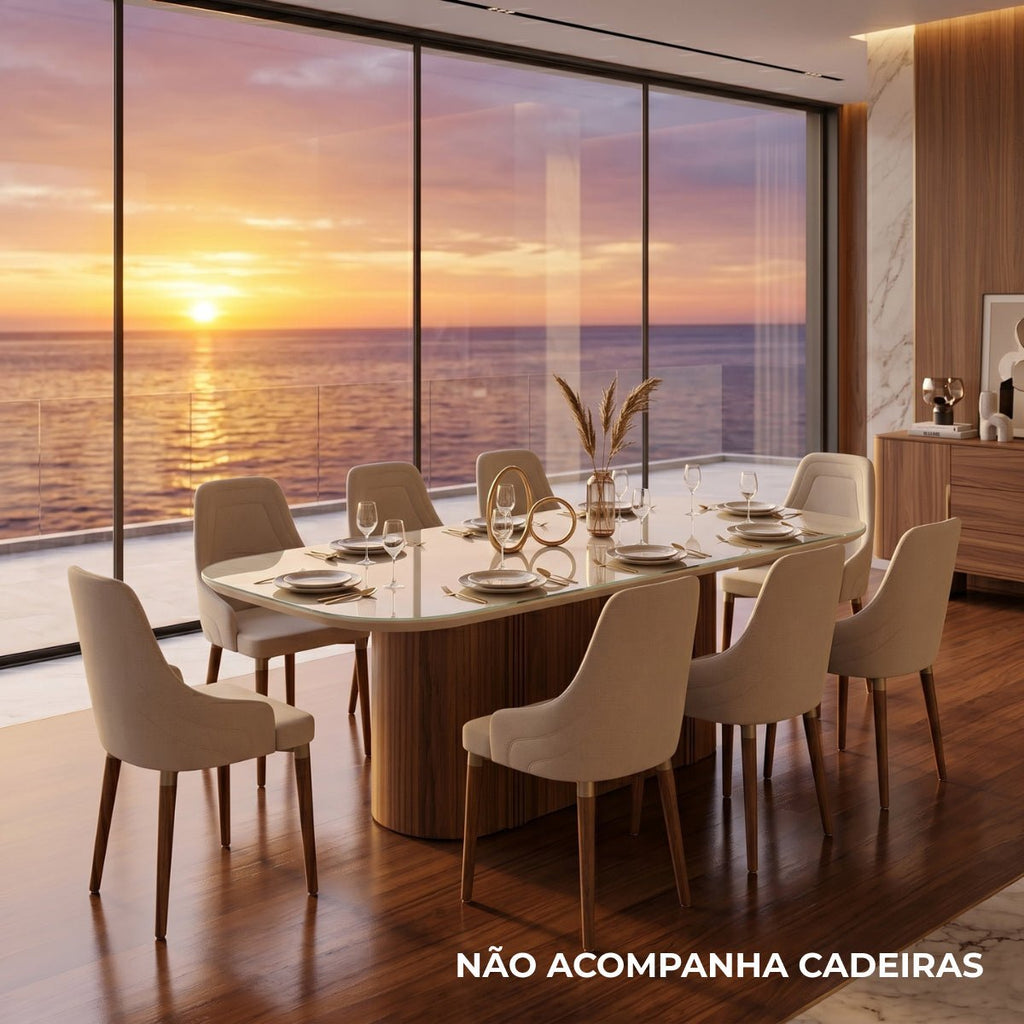 Mesa de Jantar Retangular com Vidro para 8 Lugares Kalina 220cm Off-White Fosco com Canella