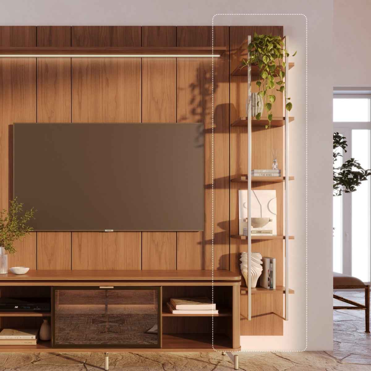Estante para TV até 75 Polegadas com Prateleiras e Cristaleira Vidro Reflecta 100% MDF com Led Lincoln Float 254cm