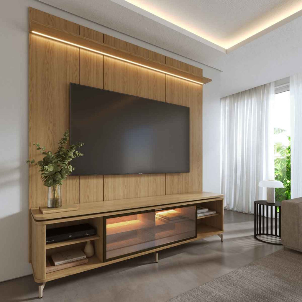 Rack com Painel para TV até 85 Polegadas Vidro Reflecta 100% MDF com Led Lincoln Float 215cm