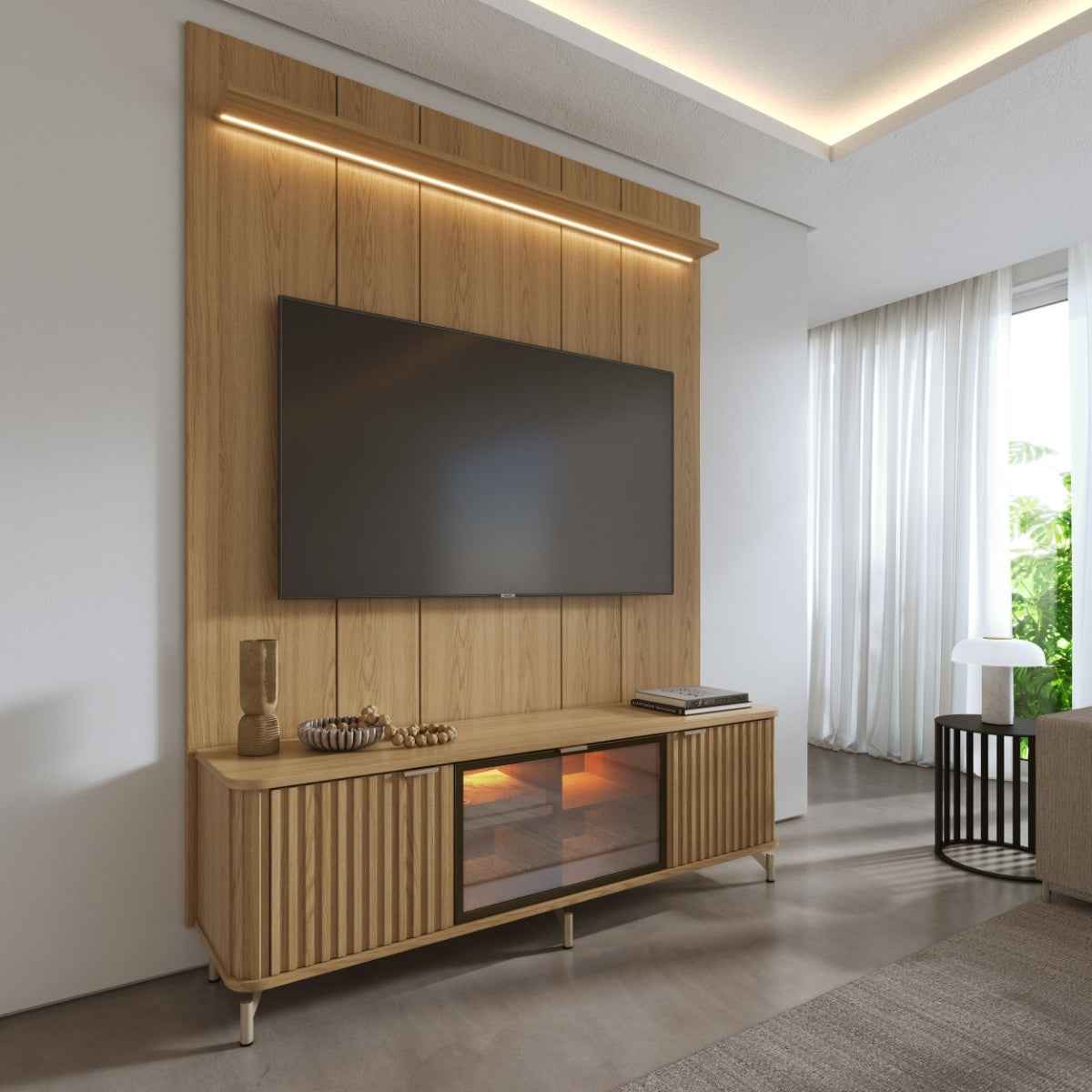 Rack com Painel para TV até 75 Polegadas Vidro Reflecta 100% MDF com Led Neon Float 178cm