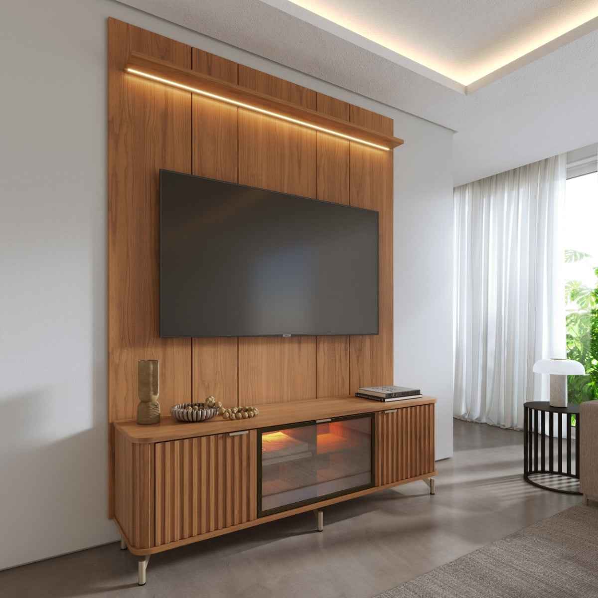 Rack com Painel para TV até 75 Polegadas Vidro Reflecta 100% MDF com Led Neon Float 178cm
